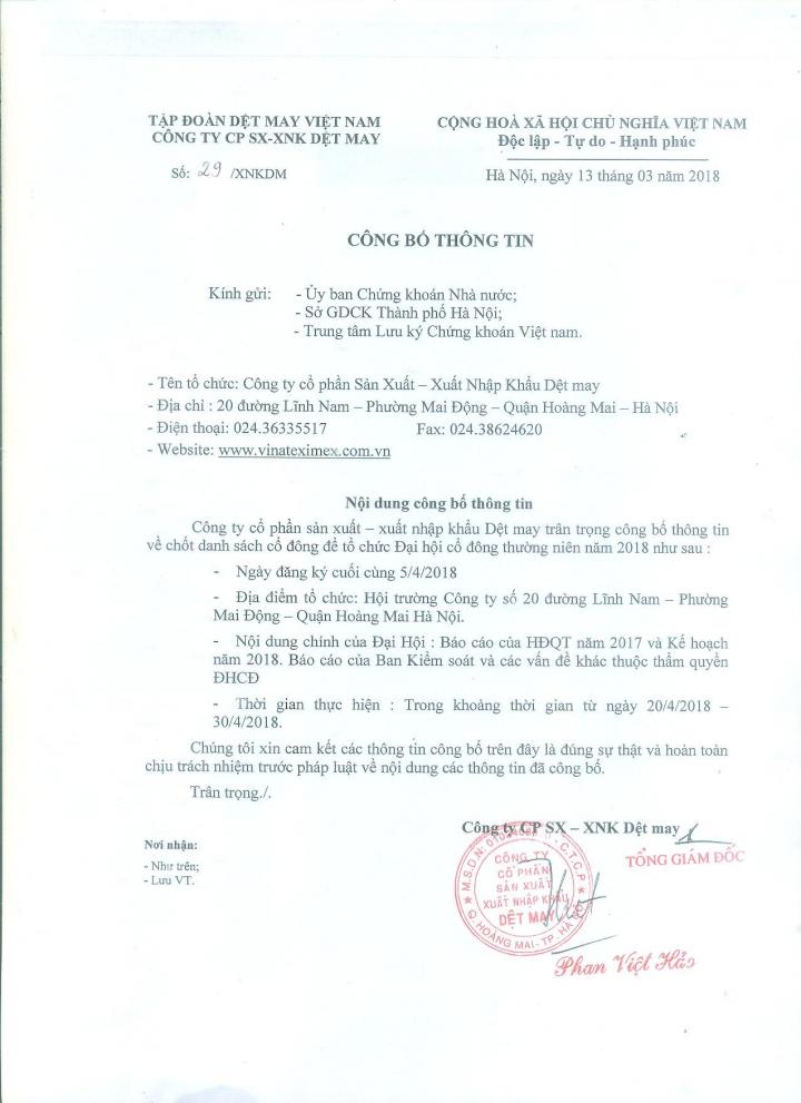 Công bố thông tin về ngày đăng ký cuối cùng tham dự ĐHCĐ năm 2018